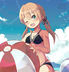 Rule 34 | 1girl, anchor hair ornament, ball, beachball, bikini, black bikini, blonde hair, blue sky, cloud, dated, day, green eyes, hair ornament, highres, kantai collection, lens flare, long hair, looking at viewer, low twintails, maridix, military, military uniform, one eye closed, outdoors, prinz eugen (kancolle), sky, solo, swimsuit, twintails, uniform