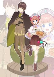 Rule 34 | 1boy, 1girl, :d, atelier (series), atelier rorona, black cape, blue eyes, blush, boots, breasts, brown footwear, brown hair, brown jacket, brown pants, cape, capelet, closed mouth, crossed arms, dress, earl23491195, food, formal, full body, hat, height difference, highres, holding, holding plate, jacket, long sleeves, looking at viewer, medium breasts, necktie, open mouth, pants, pie, plate, rororina fryxell, shirt, short hair, smile, standing, sterkenburg cranach, suit, white capelet, white shirt