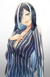Rule 34 | 1girl, :d, absurdres, annabell (durch9sicht5), ayashimon, black pants, black shirt, breasts, cleavage, gradient background, green eyes, hair over one eye, hashihime (ayashimon), highres, long hair, medium breasts, open mouth, pants, shirt, simple background, smile, striped clothes, striped shirt, vertical-striped clothes, vertical-striped shirt, very long hair, white background