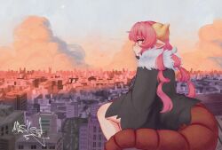 Rule 34 | 1girl, absurdres, afternoon, bare legs, black cloak, building, city, cloak, cloud, cloudy sky, dragon girl, dragon horns, dragon tail, female focus, film grain, highres, horns, ilulu (maidragon), kobayashi-san chi no maidragon, long hair, masked ink, moon, outdoors, pink hair, pointy ears, red eyes, signature, signature, sitting, sky, slit pupils, sunlight, tail, thinking, town, twintails, yellow horns