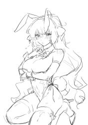 Rule 34 | 1girl, animal ears, blush, bow, breasts, closed mouth, detached sleeves, elbow gloves, fake animal ears, fake tail, fructoseies, gloves, greyscale, hair bow, ishmael (project moon), kneeling, large breasts, limbus company, long hair, looking at viewer, monochrome, project moon, rabbit ears, rabbit tail, shoes, shoulder blush, sketch, solo, tail, thighhighs, very long hair, wrist cuffs
