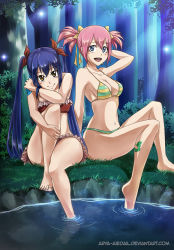 Rule 34 | 2girls, age difference, arm at side, arm behind head, arm tattoo, armpits, artist name, arya-aiedail, barefoot, bikini, blue eyes, blue hair, breasts, brown eyes, child, cleavage, collarbone, eyelashes, fairy tail, feet, feet in water, female focus, flat chest, forest, friends, frilled bikini, frills, hair between eyes, hair ornament, hand on own leg, happy, knee up, lake, leg tattoo, legs, long hair, long twintails, looking at viewer, medium breasts, midriff, moonlight, multiple girls, multiple views, nature, navel, neck, night, open mouth, outdoors, pink hair, red bikini, sheria blendy, shiny clothes, shiny skin, sidelocks, signature, small breasts, smile, striped bikini, striped clothes, swimsuit, tattoo, thighs, toenails, toes, tree, turnaround, twintails, two-tone bikini, water, watermark, web address, wendy marvell, wet