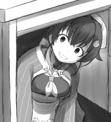Rule 34 | 1girl, apron, bandana, breasts, desk, ebifly, empty eyes, greyscale, hair flaps, hair ornament, highres, jingei (kancolle), kantai collection, long sleeves, monochrome, neckerchief, open mouth, shawl, signature, sitting, solo, under table, waist apron, yandere