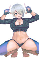 Rule 34 | 1girl, absurdres, angel (kof), black jacket, boots, bra, breasts, chaps, cowboy boots, cropped jacket, horns pose, fingerless gloves, gloves, hair over one eye, highres, index fingers raised, jacket, large breasts, leather, leather jacket, looking at viewer, midriff, navel, omurainu, snk, squatting, strapless, strapless bra, the king of fighters, the king of fighters 2001, the king of fighters xiv, the king of fighters xv, toned, underwear