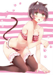 Rule 34 | 1girl, all fours, animal ears, blush, bra, breasts, brown thighhighs, cat ears, cat tail, fake animal ears, female focus, frills, green eyes, grey hair, looking at viewer, medium breasts, navel, nyoi jizai, open mouth, panties, paw pose, plaid, plaid bra, plaid panties, short hair, skindentation, solo, tail, thighhighs, thighs, underwear, wide-eyed
