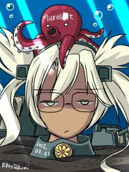 Rule 34 | 10s, 1girl, 2015, alternate eye color, animal, animal on head, blonde hair, bubble, censored, censored text, dark-skinned female, dark skin, dated, glasses, gun, kantai collection, kikumon, long hair, microsoft, musashi (kancolle), no nose, octopus, on head, pointy hair, portrait, short twintails, solo, tatsumi ray, turret, twintails, twitter username, underwater, weapon