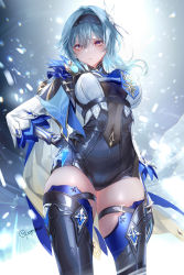 Rule 34 | 1girl, absurdres, arm at side, arm guards, black gloves, black hairband, black leotard, black thighhighs, blue hair, blue necktie, breasts, closed mouth, commentary request, covered navel, cowboy shot, eula (genshin impact), from below, genshin impact, gloves, hairband, hand on own hip, highres, large breasts, leotard, light, light particles, long hair, long sleeves, looking at viewer, looking down, necktie, pottsness, purple eyes, skindentation, solo, thigh strap, thighhighs, thighs, twitter username, underbust, vision (genshin impact)