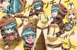 Rule 34 | 10s, 2girls, :&lt;, :3, :d, afterimage, all fours, animal ears, bare shoulders, blue eyes, blue hair, blue ribbon, blush, bow, brown hair, closed eyes, closed mouth, commentary request, gradient ribbon, hair between eyes, hood, hood up, hoodie, kemono friends, long sleeves, mouth hold, multiple girls, multiple views, neck ribbon, nose blush, open mouth, peeking out, pillar, pink ribbon, print bow, ribbon, robisonjr, serval (kemono friends), serval print, shirt, short hair, sleeveless, sleeveless shirt, smile, snake tail, striped clothes, striped hoodie, striped tail, tail, tail wagging, translation request, tsuchinoko (kemono friends), v-shaped eyebrows, white shirt