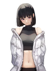 Rule 34 | 1girl, absurdres, bare shoulders, black hair, blunt bangs, bob cut, breasts, brown eyes, closed mouth, commentary, crop top, facial mark, highres, jacket, looking at viewer, mac star, medium breasts, navel, off shoulder, open clothes, open jacket, original, shirt, short hair, simple background, sleeveless, sleeveless shirt, solo, standing, star (symbol), star facial mark, unzipped, white background, white jacket