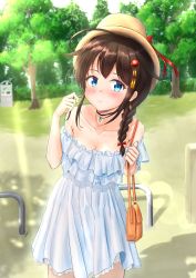 Rule 34 | 1girl, ahoge, alternate costume, aomi one, bag, bare shoulders, blue eyes, blurry, blurry background, blush, braid, breasts, brown hair, choker, cleavage, collarbone, commentary request, dress, earrings, grass, hair between eyes, hair flaps, hair ornament, hat, highres, holding, holding bag, holding own hair, jewelry, kantai collection, light rays, looking at viewer, medium breasts, off-shoulder dress, off shoulder, outdoors, shigure (kancolle), shigure kai ni (kancolle), shoulder bag, sidelocks, single braid, solo, tree, white dress