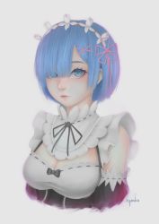 Rule 34 | 1girl, absurdres, artist name, blue eyes, blue hair, breasts, cleavage, closed mouth, detached sleeves, expressionless, eyebrows, eyes visible through hair, hair ornament, hair over one eye, highres, large breasts, looking at viewer, maid, re:zero kara hajimeru isekai seikatsu, rem (re:zero), ryumikooo, short hair, solo, upper body, x hair ornament