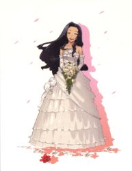 Rule 34 | 1girl, black hair, bouquet, dress, elwing (gun princess), enami katsumi, closed eyes, flower, gloves, gun princess, happy, long hair, official art, scan, solo, wedding dress