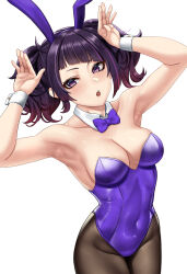 Rule 34 | 1girl, absurdres, animal ears, armpits, arms up, bare arms, bare shoulders, black pantyhose, blunt bangs, bow, bowtie, breasts, cleavage, commentary request, covered navel, cowboy shot, detached collar, fake animal ears, highres, idolmaster, idolmaster shiny colors, looking at viewer, medium breasts, open mouth, pantyhose, purple bow, purple bowtie, purple eyes, purple hair, rabbit ears, short hair, simple background, solo, standing, stmoon, tanaka mamimi, twintails, white background, wrist cuffs