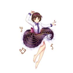 Rule 34 | 1girl, barefoot, black skirt, brown eyes, brown hair, closed mouth, frilled skirt, frills, full body, game cg, hairband, highres, long sleeves, looking at viewer, musical note, pink hairband, rotte (1109), shirt, short hair, simple background, skirt, smile, solo, third-party source, touhou, touhou lostword, tsukumo yatsuhashi, white background, white shirt