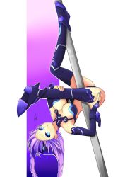 Rule 34 | 1girl, bad id, bad pixiv id, blue eyes, bodysuit, braid, breasts, cleavage, cleavage cutout, clothing cutout, cundodeviant, dancing, female focus, hair ornament, large breasts, leotard, long hair, looking up, neptune (neptunia), neptune (series), pole dancing, purple hair, purple heart (neptunia), revealing clothes, solo, standing, symbol-shaped pupils, thighhighs, twin braids