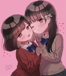 Rule 34 | 2girls, :d, ;), ame usako, black skirt, blue bow, blush, bow, brown eyes, brown hair, brown sweater, closed mouth, collared shirt, commentary request, dress shirt, hair bow, heart, heart-shaped pupils, holding hands, interlocked fingers, long hair, long sleeves, multiple girls, one eye closed, open mouth, original, pink background, plaid, plaid bow, pleated skirt, red sweater, shirt, siblings, signature, simple background, sisters, skirt, smile, sweater, symbol-shaped pupils, white bow, white shirt