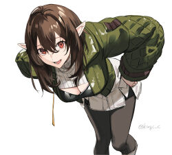 Rule 34 | 1girl, breasts, brown hair, cleavage, cleavage cutout, clothing cutout, elf, hands on own hips, jacket, kawaguchi (mojacome), large breasts, leaning forward, leggings, medium hair, open mouth, original, pointy ears, skirt, solo