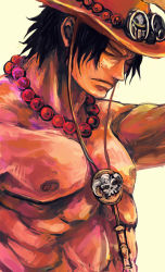 Rule 34 | 1boy, abs, bad id, bad pixiv id, beads, black hair, cowboy hat, closed eyes, freckles, frown, hand on headwear, hat, highres, jewelry, long hair, male focus, muscular, necklace, nipples, one piece, pectorals, portgas d. ace, sad face, topless male, skull, smiley face, solo, stampede string, tsuyomaru, white background