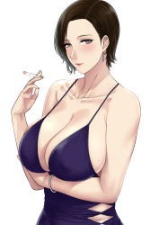 Rule 34 | 1girl, arm under breasts, bracelet, breasts, brown hair, cigarette, cleavage, closed mouth, dress, earrings, hair behind ear, highres, holding, holding cigarette, jewelry, large breasts, mole, mole on breast, original, purple dress, short hair, smile, white background, xter