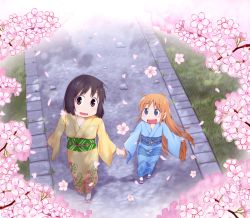 Rule 34 | 2girls, cherry blossoms, from above, holding hands, japanese clothes, multiple girls, nichijou, professor shinonome, shinonome nano, techsupportdog