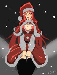 Rule 34 | 1girl, absurdres, alternate costume, black thighhighs, blush, breasts, capelet, cleavage, cleavage cutout, clothes lift, clothing cutout, eyelashes, green eyes, hat, highres, katarina (league of legends), large breasts, league of legends, long hair, red hair, santa costume, santa hat, skirt, skirt lift, snowing, solo, thighhighs, torahime (roland00), very long hair