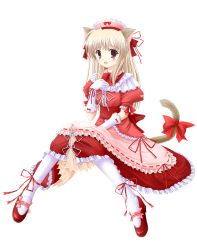 Rule 34 | 1girl, absurdres, animal ears, blush, brown eyes, brown hair, cat ears, cat tail, dress, full body, funyo, gloves, hair ornament, hair ribbon, highres, long hair, mary janes, pantyhose, paw print, red footwear, ribbon, shoes, sitting, skirt, solo, tail, transparent background