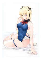 Rule 34 | 1girl, azur lane, black ribbon, blonde hair, blue eyes, blue one-piece swimsuit, bottle, bow, bowtie, breasts, bridal garter, dead or alive, hair between eyes, hair ribbon, highres, large breasts, long hair, looking at viewer, majo (pastamajo), marie rose, one-piece swimsuit, red bow, red bowtie, ribbon, simple background, sitting, solo, swimsuit, twintails, white background
