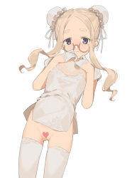 Rule 34 | 1girl, 2l (2lsize), blonde hair, blush, bun cover, censored, china dress, chinese clothes, closed mouth, cowboy shot, double bun, dress, forehead, gloves, hair bun, half gloves, hands up, heart, heart censor, highres, lace, lace gloves, long hair, looking at viewer, no panties, nose blush, original, pelvic curtain, petite, short dress, short sleeves, simple background, solo, thick eyebrows, thighhighs, white background, white thighhighs