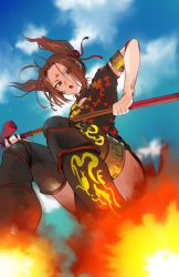 Rule 34 | 1girl, ahoge, armlet, blue sky, brown eyes, brown hair, china dress, chinese clothes, cleavage cutout, clothing cutout, day, dress, facial mark, fate/grand order, fate (series), fire, flying, forehead mark, from below, highres, nezha (fate), polearm, scrunchie, sky, solo, souma (soumadian), spear, twintails, weapon