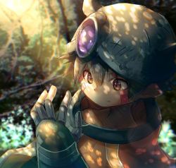 Rule 34 | 1boy, blurry, brown eyes, brown hair, dark-skinned male, dark skin, depth of field, facial mark, forest, helmet, looking at hand, made in abyss, male focus, maou (maou62), mechanical arms, nature, outdoors, regu (made in abyss), single mechanical arm, solo