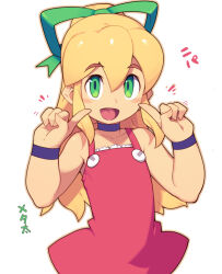 Rule 34 | 1girl, bare shoulders, blonde hair, commentary request, fingers to cheeks, flat chest, green eyes, hair ribbon, long hair, mega man (classic), mega man (series), metata, open mouth, ponytail, red skirt, redrawn, ribbon, roll (mega man), simple background, skirt, smile, solo, white background