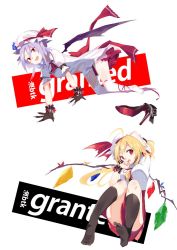 Rule 34 | 2girls, all fours, ascot, bat wings, black footwear, black gloves, black socks, blonde hair, blouse, bow, brooch, commentary request, covering own mouth, crystal, flandre scarlet, gloves, hat, hat bow, hat ribbon, high heels, invisible chair, jewelry, kneehighs, light purple hair, looking at viewer, mob cap, multiple girls, open mouth, puffy short sleeves, puffy sleeves, red eyes, remilia scarlet, ribbon, shirt, short hair, short sleeves, siblings, sisters, sitting, smile, socks, tetsurou (fe+), thighhighs, touhou, white hat, white shirt, wings, yellow ascot