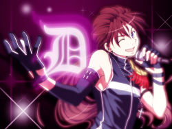 Rule 34 | 1boy, alternate hairstyle, armpits, asymmetrical clothes, brown hair, cross, crossover, detached sleeves, duo maxwell, earrings, gloves, gundam, gundam wing, highres, jewelry, long hair, looking at viewer, low ponytail, male focus, microphone, necklace, one eye closed, open mouth, parody, ponytail, purple eyes, rei (usabiba), solo, teeth, uta no prince-sama, uta no prince-sama (parody), wink