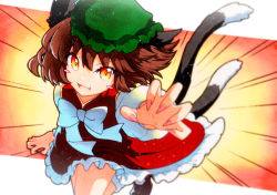 Rule 34 | 1girl, animal ears, bad id, bad twitter id, blush stickers, brown eyes, brown hair, cat ears, cat tail, chen, dress, fang, fingernails, green hat, hat, highres, long fingernails, long sleeves, mob cap, multiple tails, open mouth, qqqrinkappp, red dress, red footwear, sharp fingernails, shoes, short hair, skin fang, smile, solo, tail, touhou, traditional media, two tails