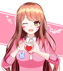 Rule 34 | 1girl, ;d, animal print, blush, brown eyes, brown hair, buttons, character name, collared shirt, d.va (overwatch), dress shirt, eyebrows, facepaint, facial mark, fingernails, hands up, heart, heart hands, highres, long hair, looking at viewer, matching hair/eyes, niji (rudduf232), one eye closed, open mouth, overwatch, overwatch 1, pink sweater, rabbit print, shirt, sleeves past elbows, smile, solo, sweater, upper body, whisker markings, white shirt