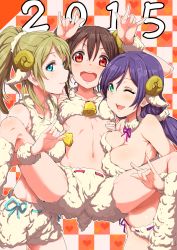 Rule 34 | 10s, 2015, 3girls, :d, \m/, animal costume, ayase eli, bell, black hair, blonde hair, blue eyes, blush, breasts, clearite, cleavage, double \m/, green eyes, highres, horns, large breasts, long hair, looking at viewer, love live!, love live! school idol project, low twintails, midriff, multiple girls, navel, one eye closed, open mouth, ponytail, purple hair, red eyes, ribbon-trimmed underwear, ribbon trim, sheep costume, sheep horns, small breasts, smile, tojo nozomi, twintails, underboob, underwear, yazawa nico