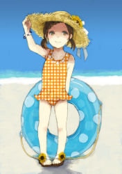 Rule 34 | 10s, 1girl, arm up, bad id, bad pixiv id, beach, bracelet, braid, braided bangs, brown eyes, brown hair, casual one-piece swimsuit, day, flower, full body, hand on headwear, hat, hat flower, highres, innertube, jewelry, kaburagi kaede, one-piece swimsuit, orange one-piece swimsuit, outdoors, pigeon-toed, plaid, sandals, short twintails, sky, solo, standing, sun hat, sunflower, swim ring, swimsuit, tiger &amp; bunny, twintails, unmoving pattern, yk5112335