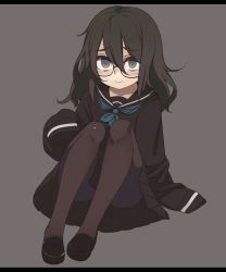 Rule 34 | 1girl, black eyes, black hair, black pantyhose, blush, full body, glasses, highres, loafers, long hair, long sleeves, looking at viewer, original, oversized clothes, oza watto, pantyhose, school uniform, serafuku, shoes, simple background, skirt, sleeves past wrists, solo