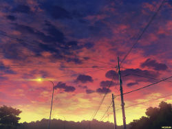 Rule 34 | artist name, blue sky, cloud, cloudy sky, commentary, english commentary, gradient sky, highres, lamppost, making-of available, mclelun, original, power lines, red sky, scenery, sky, twilight, utility pole