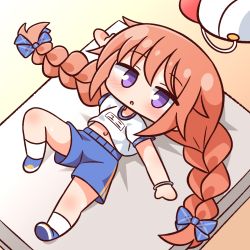 Rule 34 | 1girl, :o, arm up, blue bow, blue footwear, blue shorts, blush, bow, braid, brown hair, chibi, commentary request, flat cap, full body, gym shirt, gym shorts, gym uniform, hair between eyes, hair bow, hana kazari, hat, highres, long hair, looking at viewer, lying, name tag, navel, on back, outstretched arm, parted lips, princess connect!, puffy short sleeves, puffy sleeves, purple eyes, shirt, shoe soles, shoes, short shorts, short sleeves, shorts, socks, solo, twin braids, twintails, unworn hat, unworn headwear, very long hair, white hat, white shirt, white socks, yuni (princess connect!), yuni (school festival) (princess connect!)