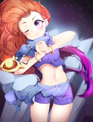 Rule 34 | 1girl, ;), bil-ajeossi, blue shorts, blush, bracelet, breasts, cowboy shot, crop top, gradient hair, highres, interlocked fingers, jewelry, league of legends, long hair, looking to the side, midriff, multicolored hair, navel, necklace, one eye closed, orange hair, purple eyes, purple hair, sarong, scarf, shorts, sky, sleeveless, small breasts, smile, star (sky), starry sky, stomach, two-tone hair, very long hair, zoe (league of legends)