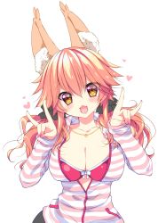 Rule 34 | 10s, 1girl, animal ear fluff, animal ears, blush, bra, breasts, cleavage, collarbone, double fox shadow puppet, fang, fate/extra, fate/grand order, fate (series), fox ears, fox girl, fox shadow puppet, heart, heart-shaped pupils, heart in mouth, jewelry, large breasts, nail polish, necklace, official alternate costume, open clothes, open mouth, open shirt, pink bra, pink hair, shirt, simple background, solo, striped clothes, striped shirt, symbol-shaped pupils, tamamo (fate), tamamo no mae (fate/extra), tamamo no mae (spring casual) (fate), underwear, white background, yellow eyes, yukiji shia