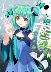 Rule 34 | 1girl, :d, animal, bare shoulders, blue dress, blue sleeves, blunt bangs, blush, bug, butterfly, commentary request, detached sleeves, double bun, dress, flower, green hair, hair bun, hair ornament, hands up, hololive, insect, long sleeves, looking at viewer, md5 mismatch, open mouth, red eyes, resolution mismatch, revision, ribs, skull, skull hair ornament, sleeveless, sleeveless dress, smile, solo, source larger, tukino neru, uruha rushia, uruha rushia (1st costume), virtual youtuber, white flower, wide sleeves
