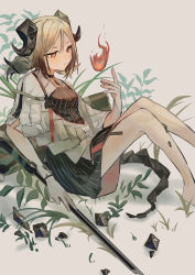 Rule 34 | 1girl, absurdres, arknights, black choker, black dress, blonde hair, breasts, choker, demon girl, demon horns, demon tail, dress, feet out of frame, fire, grey background, hand up, highres, holding, holding stick, horns, ifrit (arknights), jacket, leaf, material growth, natsuba002, orange eyes, originium (arknights), originium arts (arknights), oripathy lesion (arknights), plant, short hair, short twintails, sitting, small breasts, solo, stick, tail, twintails, white jacket