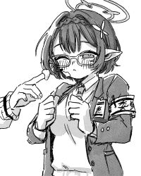 Rule 34 | 1girl, 1other, ;&lt;, armband, ayane (blue archive), blazer, blue archive, braid, braided bangs, breasts, clenched hands, collared shirt, commentary request, double-parted bangs, flower, food, food on face, glasses, greyscale, hair flower, hair intakes, hair ornament, halo, id card, jacket, kaming3698, korean commentary, light blush, looking at viewer, monochrome, necktie, open clothes, open jacket, pointy ears, raised eyebrows, school uniform, shirt, short hair, small breasts, solo focus, sweater