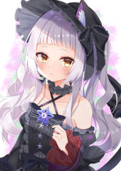 Rule 34 | 1girl, absurdres, animal ears, bare shoulders, black bow, black dress, black headwear, blunt bangs, blush, bonnet, bow, brown eyes, cat ears, cat girl, cat tail, choker, closed mouth, collarbone, commentary request, divergenceok, dress, frilled bow, frilled choker, frilled sleeves, frills, hair bow, halter dress, halterneck, hand up, highres, hololive, long hair, long sleeves, looking at viewer, murasaki shion, murasaki shion (gothic lolita), short eyebrows, sidelocks, silver hair, smile, solo, tail, tail bow, tail ornament, tail raised, twintails, upper body, virtual youtuber