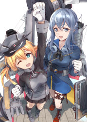 Rule 34 | 2girls, adapted turret, anchor hair ornament, aqua eyes, black neckerchief, black skirt, blonde hair, blue eyes, blue hair, blue sailor collar, blue skirt, cannon, cross, gloves, gotland (kancolle), hair bun, hair ornament, half gloves, hat, highres, iron cross, kantai collection, long hair, looking at viewer, low twintails, machinery, microskirt, military, military hat, military uniform, minosu, mole, mole under eye, multiple girls, neckerchief, one eye closed, peaked cap, pleated skirt, prinz eugen (kancolle), raised fist, sailor collar, single hair bun, skirt, smokestack, standing, turret, twintails, uniform, white gloves