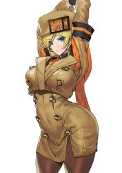Rule 34 | 1girl, arm scarf, arms up, ashiomi masato, black gloves, blonde hair, blue eyes, breasts, brown coat, brown hat, buttons, coat, fur hat, gloves, guilty gear, guilty gear strive, hair between eyes, hat, large breasts, leggings, looking at viewer, millia rage, short hair, simple background, solo, standing, thighhighs, ushanka, white background, wide hips