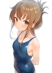 Rule 34 | 1girl, arms behind back, blue one-piece swimsuit, blush, breasts, brown eyes, brown hair, character request, check character, closed mouth, collarbone, commentary request, covered navel, folded ponytail, highres, inazuma (kancolle), kantai collection, long hair, looking at viewer, one-piece swimsuit, ponytail, sakieko, sidelocks, simple background, small breasts, solo, swimsuit, white background