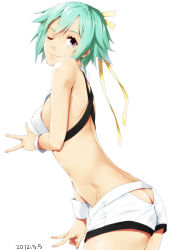 Rule 34 | 10s, 1girl, aquarion (series), aquarion evol, ass, bad id, bad pixiv id, butt crack, green hair, highres, one eye closed, revealing clothes, short hair, smile, solo, v, white background, wink, yana mori, zessica wong